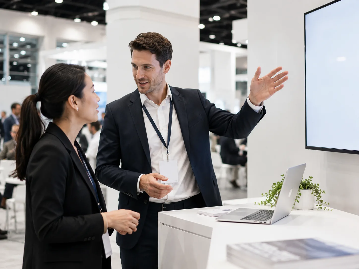 Two people in engaged conversation at a clean exhibition booth