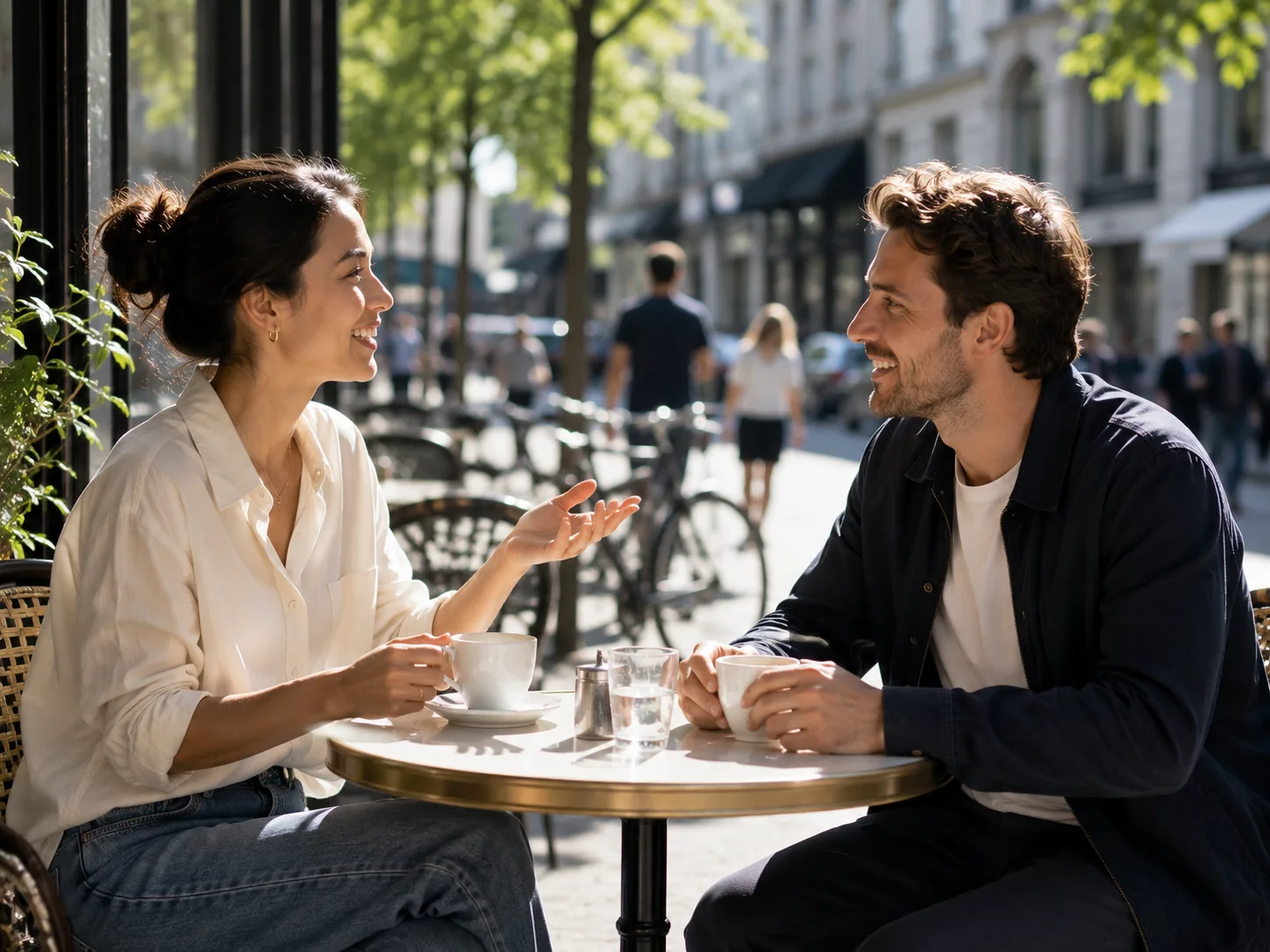 Two people striking up a conversation at a sunny sidewalk cafe