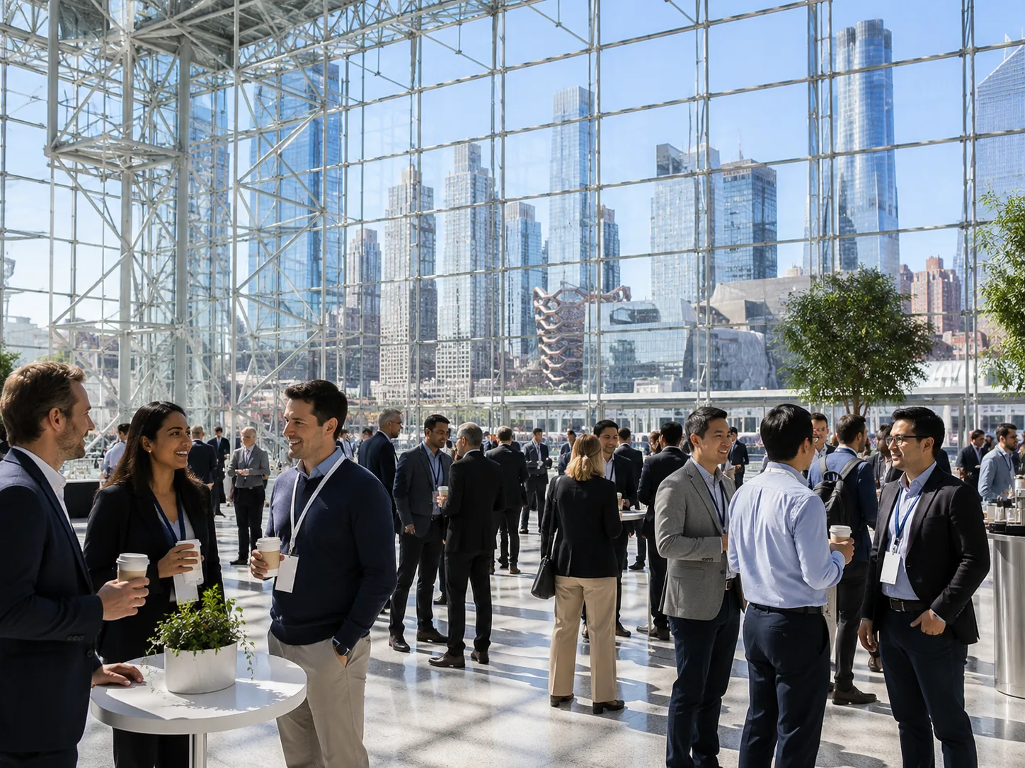 Attendees in animated conversation during a coffee break in a bright glass atrium
