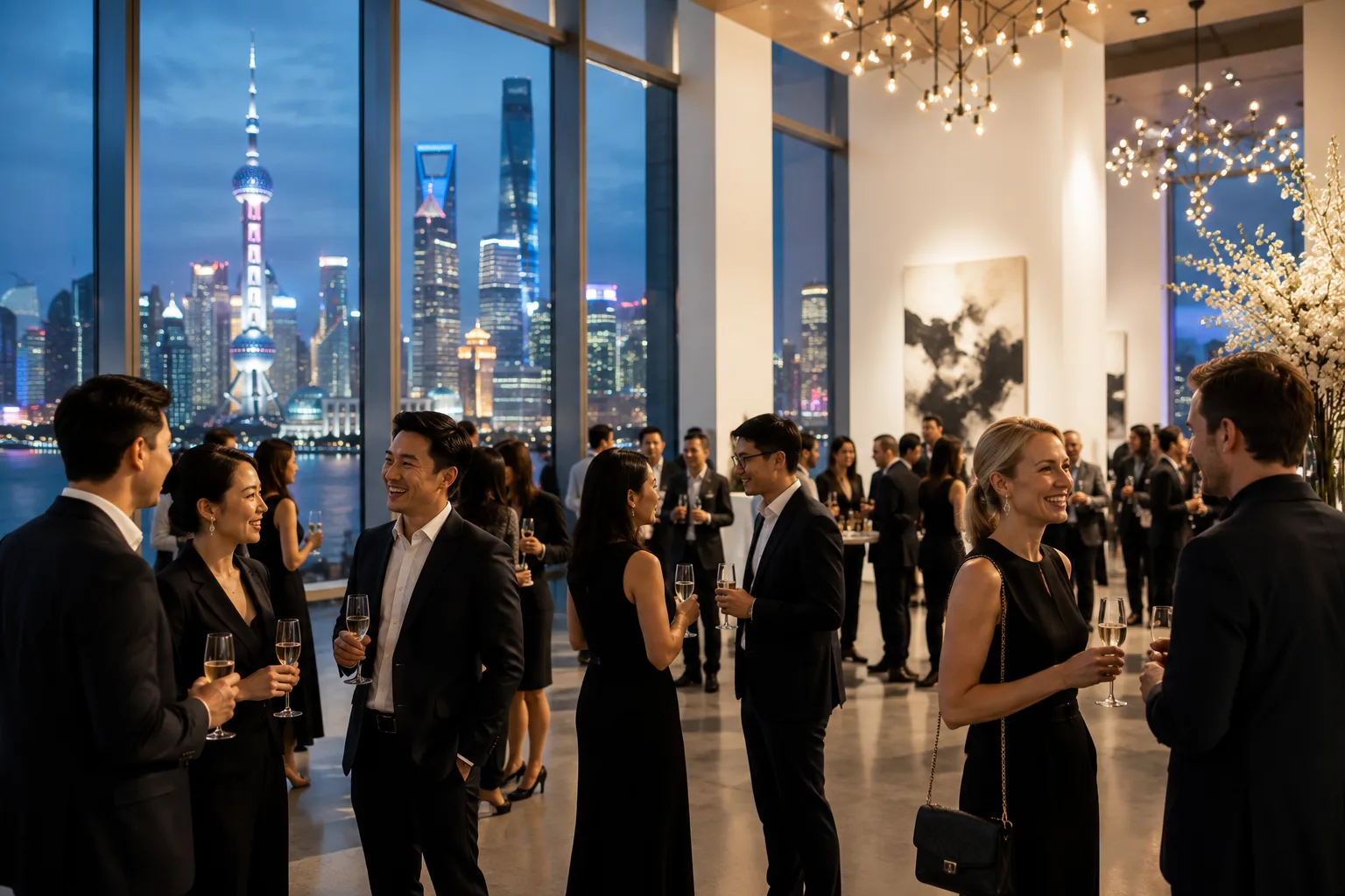 An elegant evening reception with a city skyline through the windows