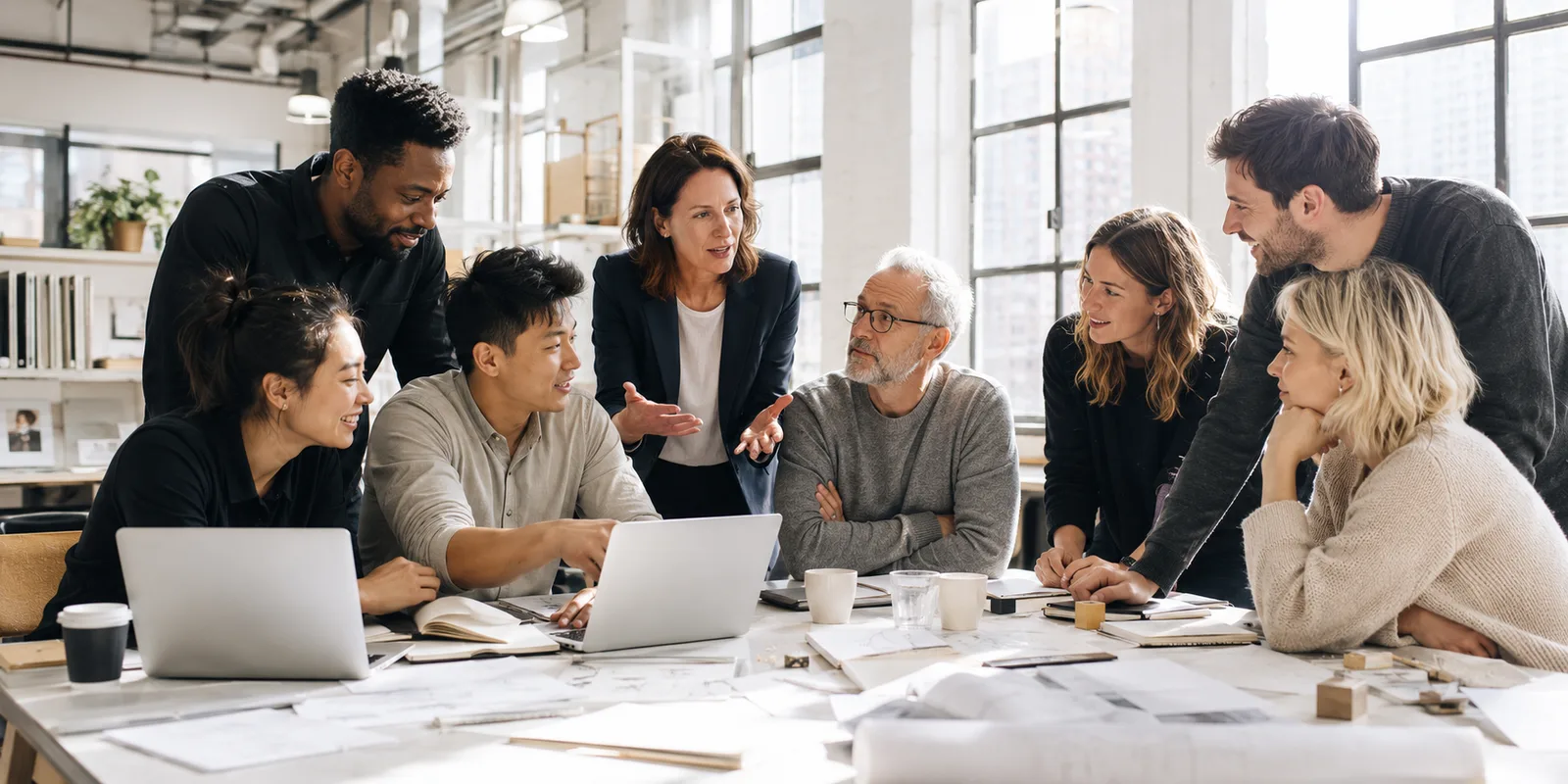 A diverse group collaborating around a big table in a bright studio loft