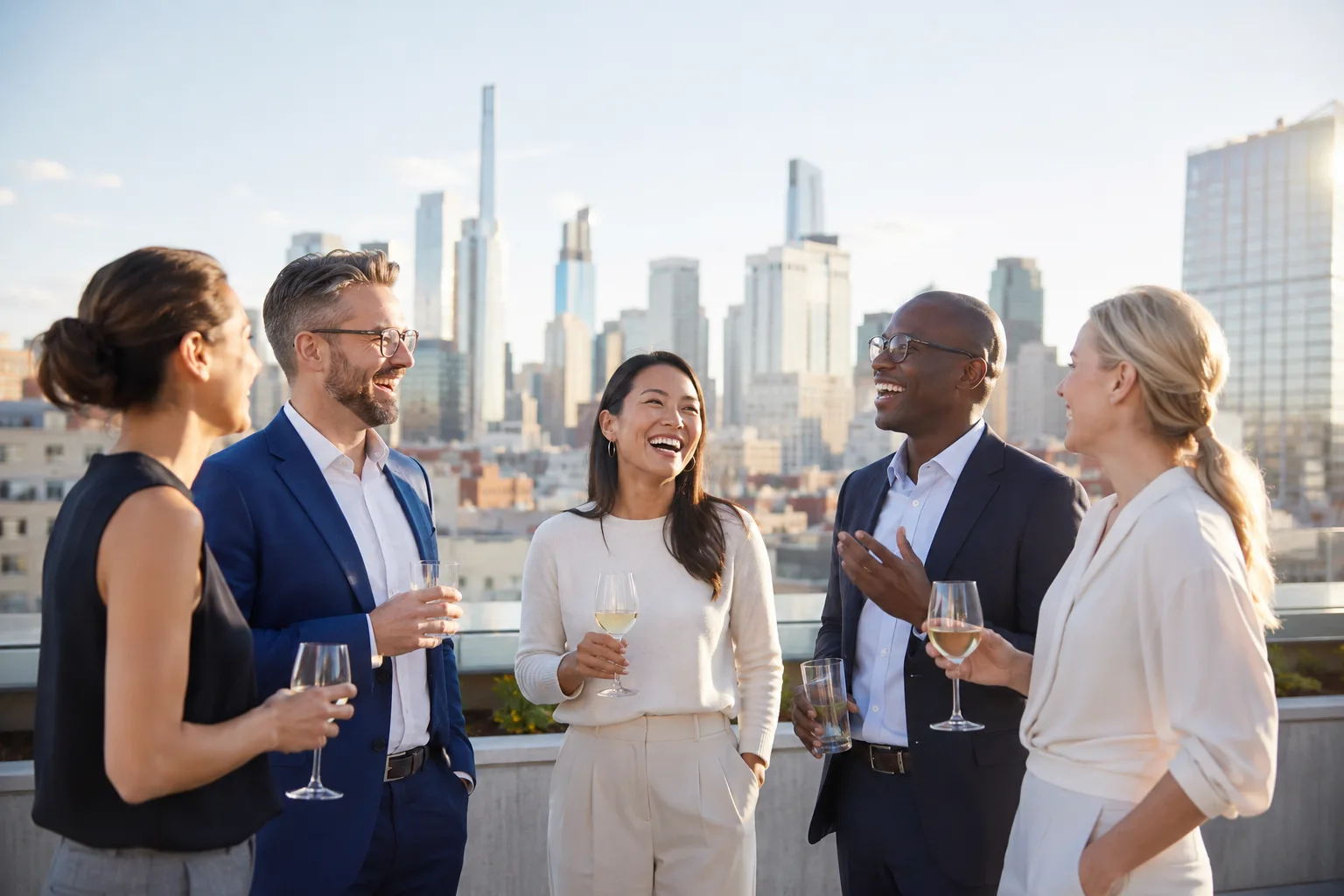 Professionals laughing together at a rooftop mixer, city skyline behind