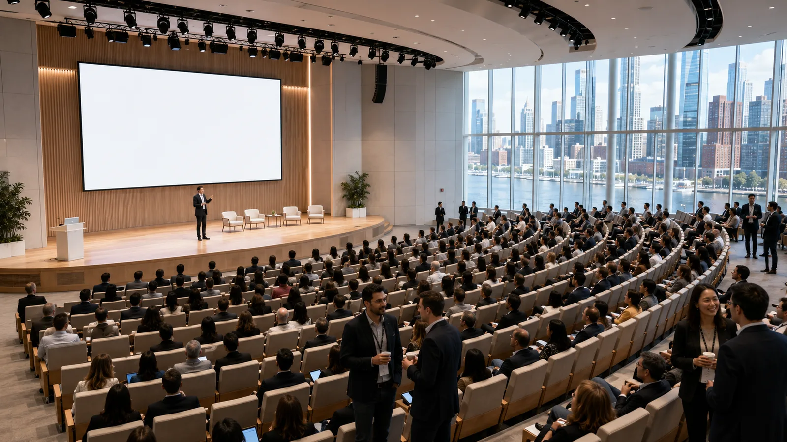 A packed conference auditorium during a mingling break