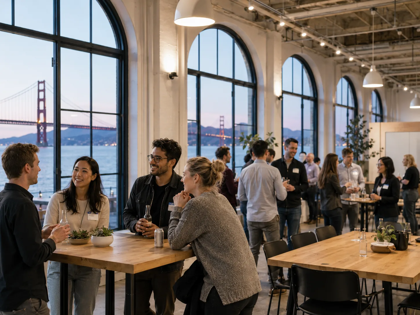A casual meetup in a bright waterfront co-working space
