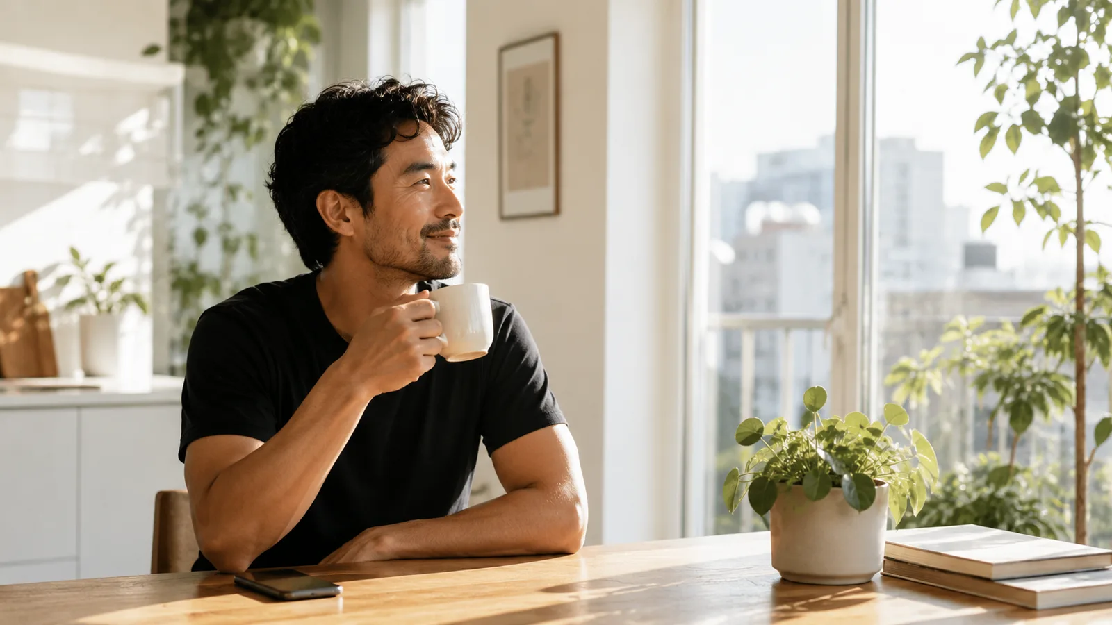 A person with morning coffee in bright sunlight, phone face-down, quietly content