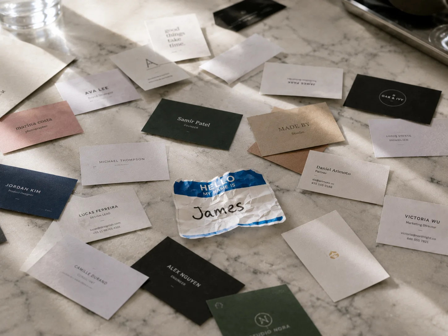 Forgotten business cards and a crumpled name tag on a bright marble counter