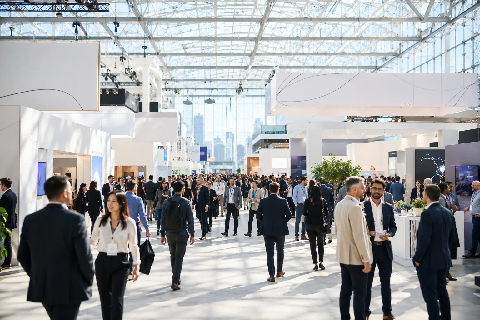 A vast, bright convention hall full of business people walking and talking between booths